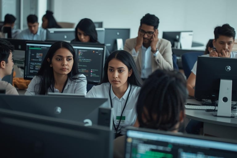 a group of people sitting at computers in a room