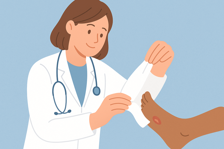 a medical professional pulling a bandage off a healed diabetic foot ulcer