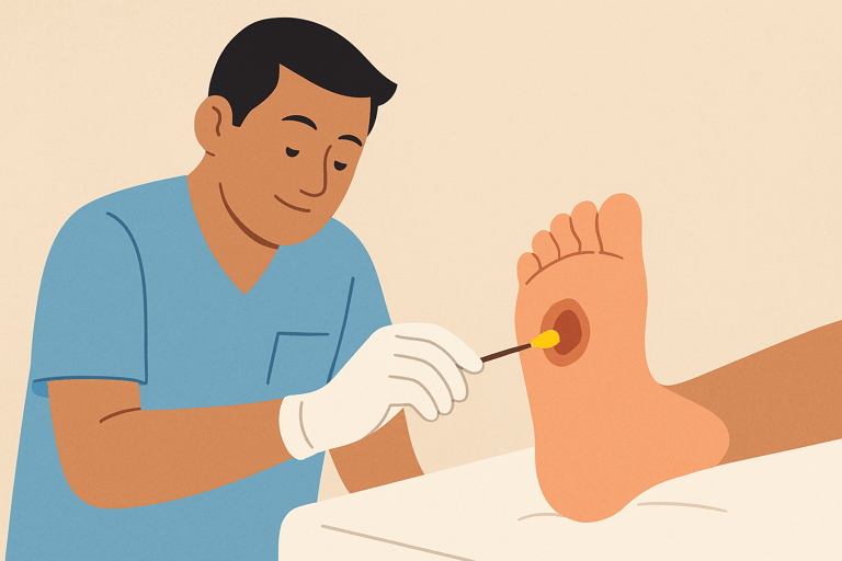 a nurse applying iodine to a foot ulcer