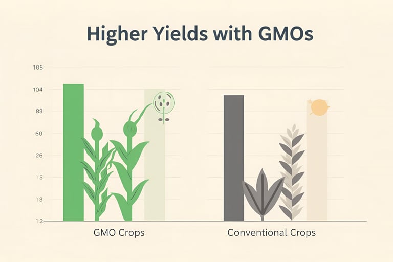 Bar chart comparing crop yields: GMO crops taller green bars vs conventional crops lower gray bars