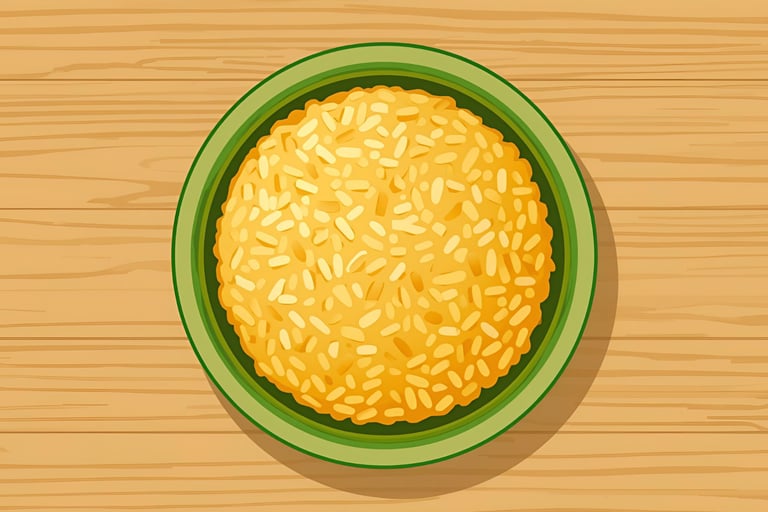 Bowl of golden rice glowing with vitamin A icon, representing biofortification
