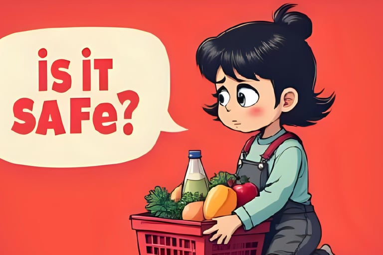 Worried consumer holding GMO-labeled groceries with speech bubble asking ‘Is it safe?