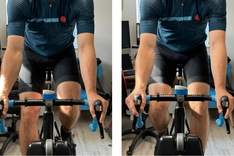 Before and after professional bike fit showing improved cycling posture and stability