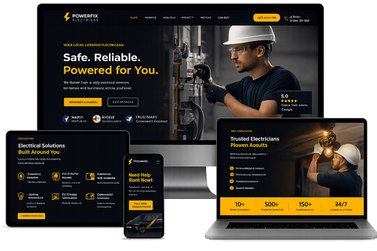 Modern electrician service website design layout by Wzone Agency.