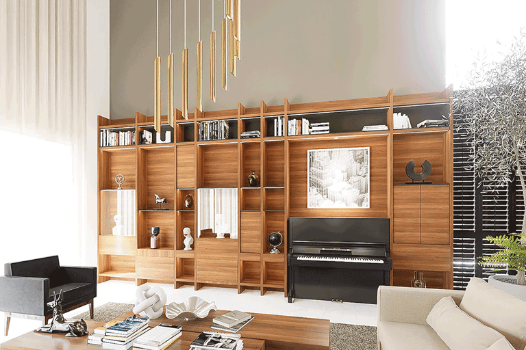  Render de sala moderna con madera clara y piano iluminado por luz natural | KARÄNA