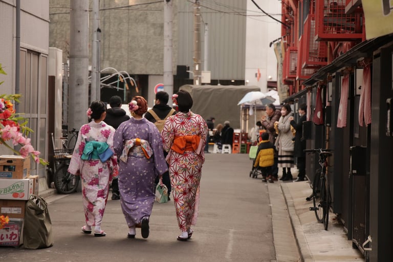 Girls wearing yukata walking in Asakusa, Tokyo