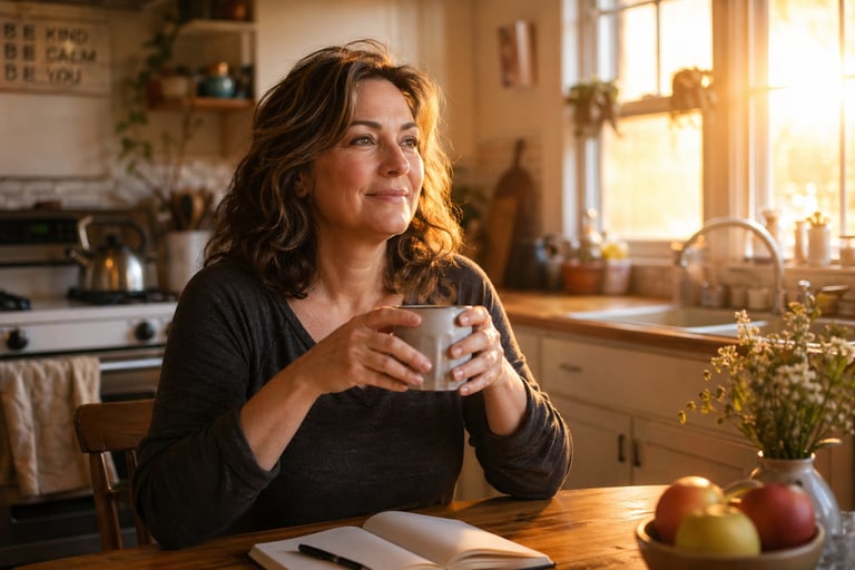 Smiling middle-aged woman drinking coffee and journaling in a sunlit rustic kitchen during a peaceful morning.