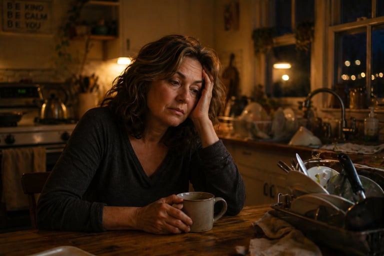 Tired middle-aged woman sitting at a kitchen table with a mug, reflecting stress and mental exhaustion.