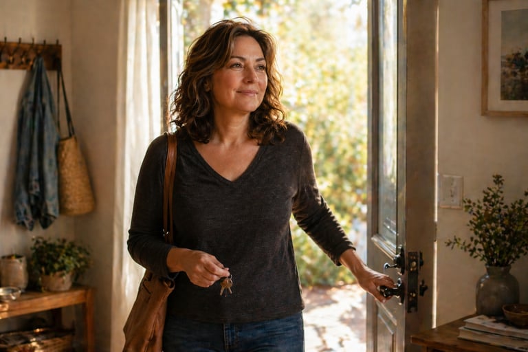 Smiling woman holding house keys while opening a front door to an inviting home.