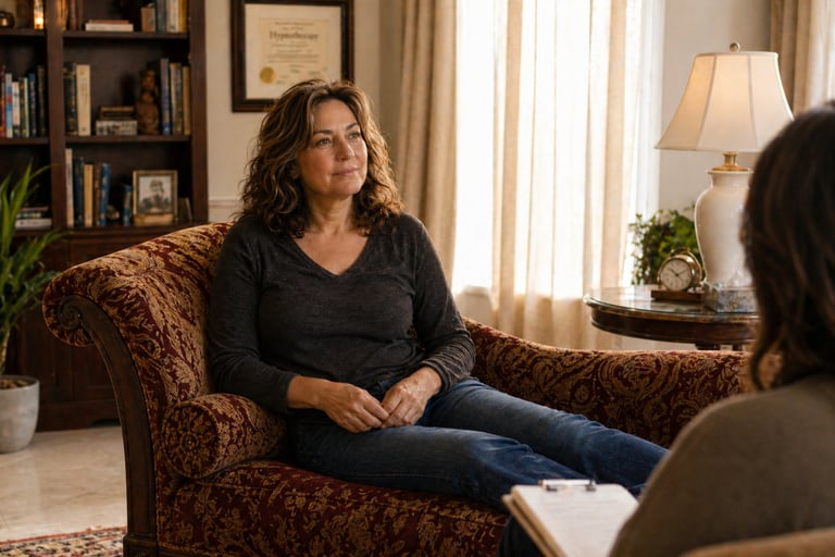 A woman sits on a chaise lounge during a professional hypnotherapy session in a cozy office.