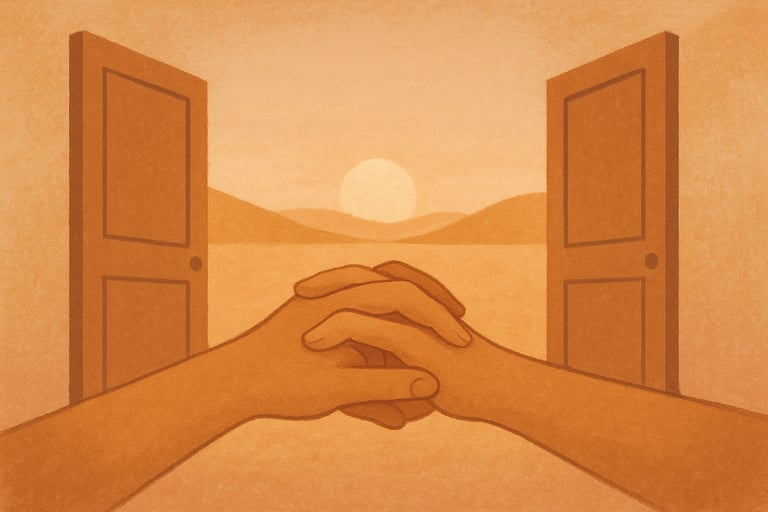 a person holding hands in front of a door