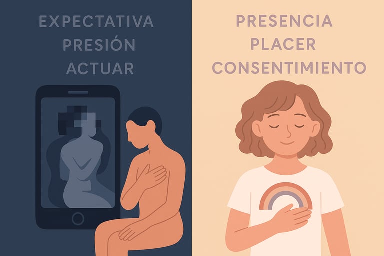 pantalla de celular con imagen pixelada figura humana sentada con ojos cerrados palabras flotantes