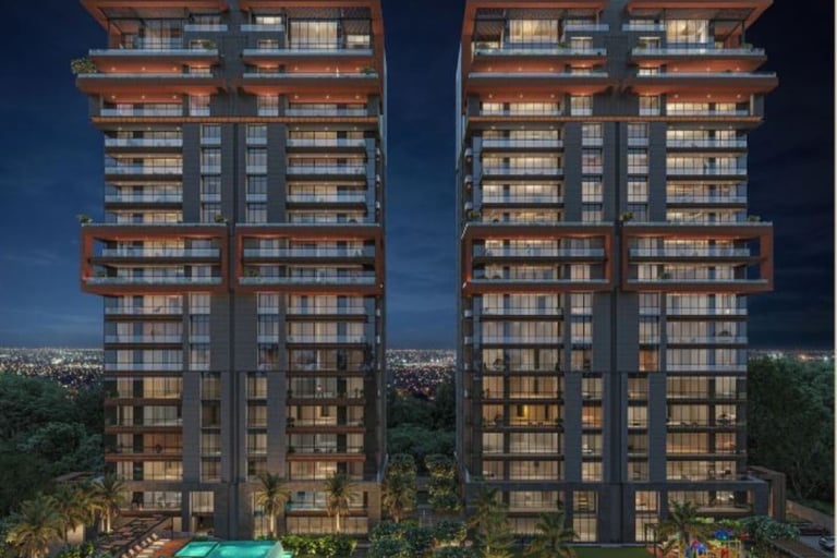 two tall buildings with a pool and a swimming pool