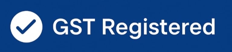 a blue and white logo with the words gst registered