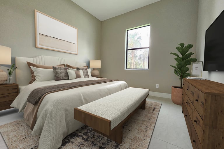 Digitally stager bedroom 3, confy queen bed, with a bench, dresser and TV