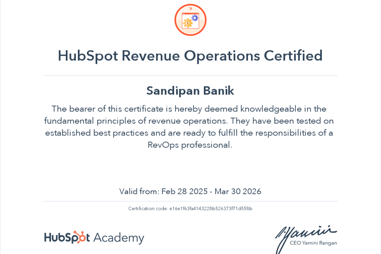 HubSpot Revenue Operations Certified - Sandipan Banik - www.sandipanbanik.com