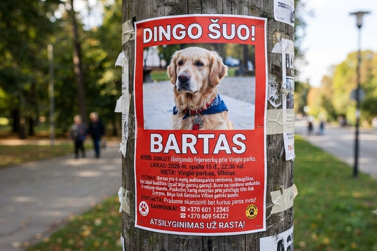 Dingusio šuns paieškos skelbimo pavyzdys su nuotrauka ir aprašymu