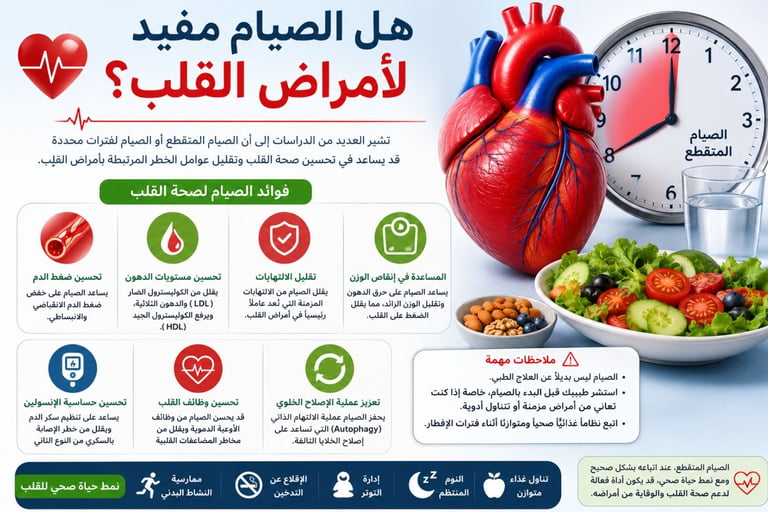هل الصيام مفيد لأمراض القلب؟ تعرّف على تأثير الصيام المتقطع والعلاجي على ضغط الدم والكوليسترول والال