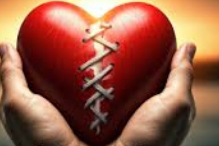 A broken heart glowing with golden Qur'anic light, surrounded by prayer beads and a soft sunrise in