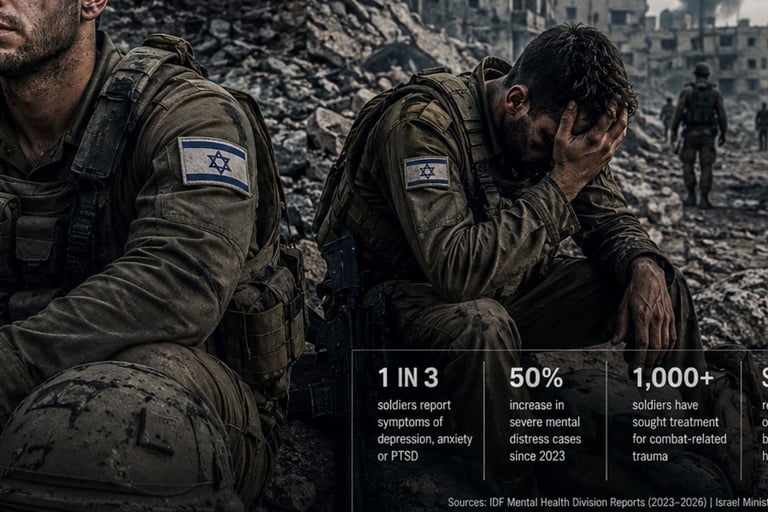 An overview of the mental health crisis affecting Israeli soldiers since 2023, including rising PTSD