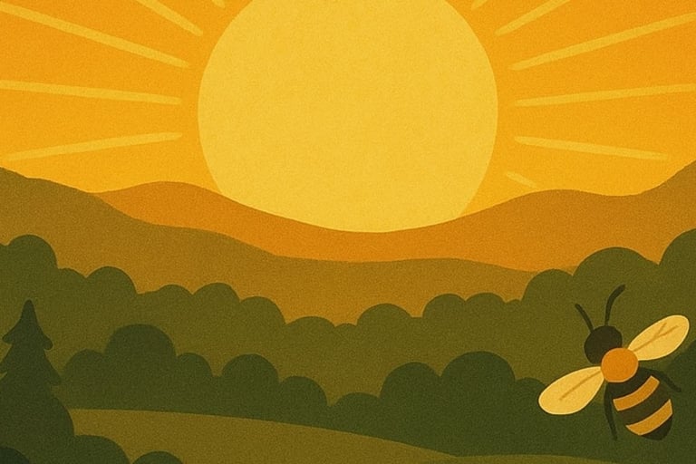 image of sunrise over nature or bees in flight — symbol of new beginnings.