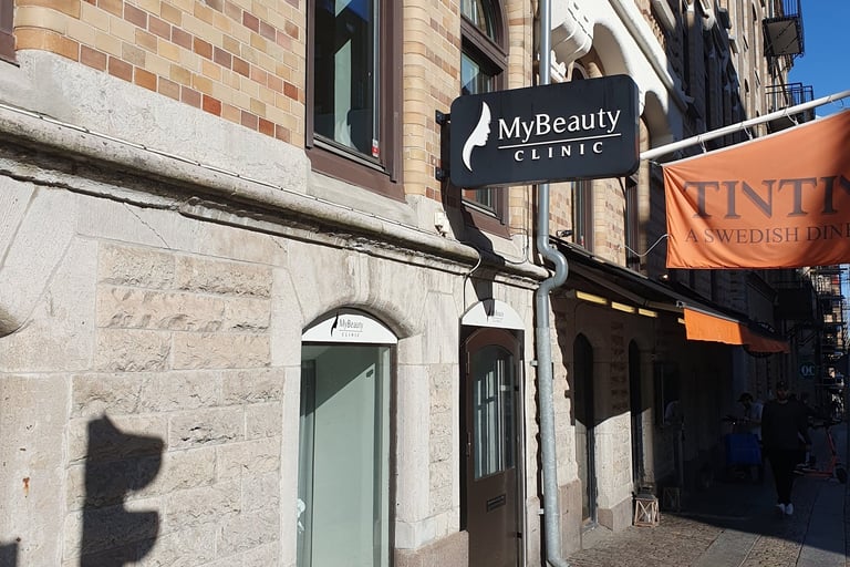 a street sign of mybeauty clinic and glansa skincare in gothenburg 