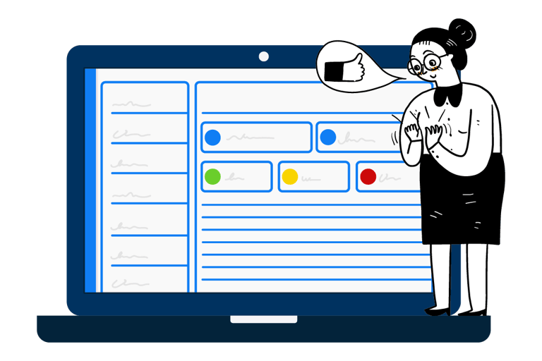 Ilustração de mulher olhando para plataforma em laptop com sinal de aprovação