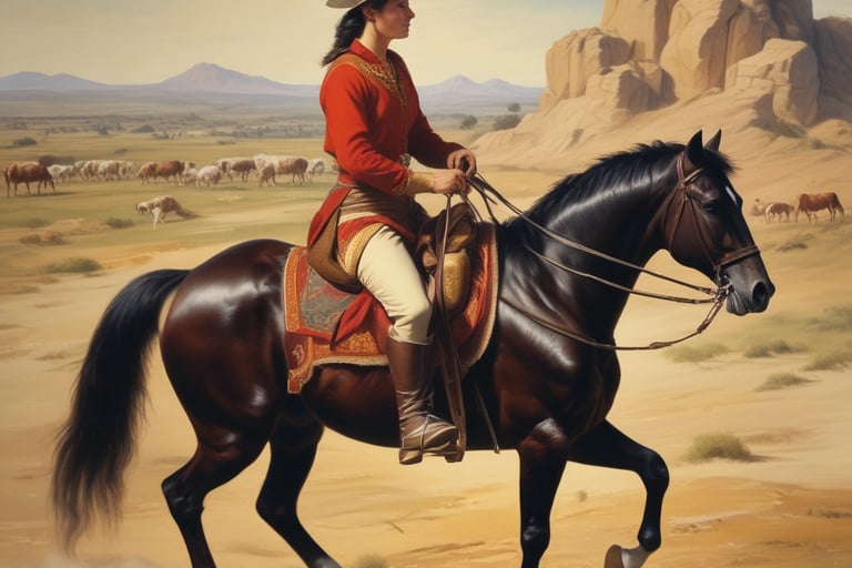 a painting of a man in a red coat riding a horse in vaquero style