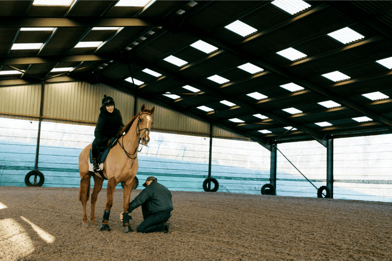 A woman riding a bay horse in a barn whilst a physio assesses fetlock and protector.