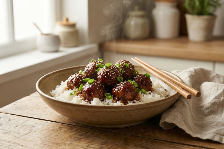 Sticky Asian meatballs with sesame seeds and green onions served over white rice in a bowl.