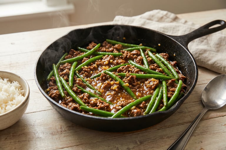 Sizzling ground beef and green bean stir fry in a cast iron skillet with white rice.