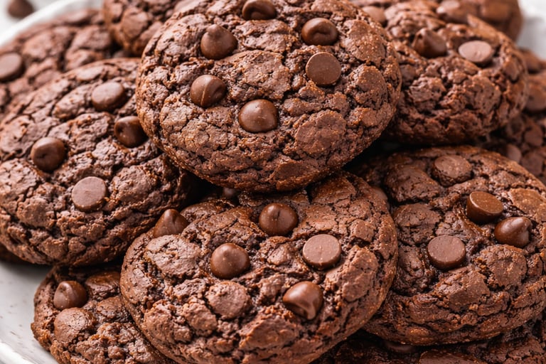 A stack of chewy brownie mix cookies on a white plate over a marble countertop.