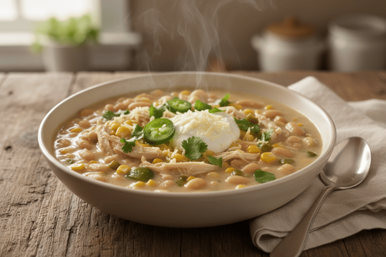 Steaming bowl of creamy white chicken chili with beans, corn, and jalapeños.