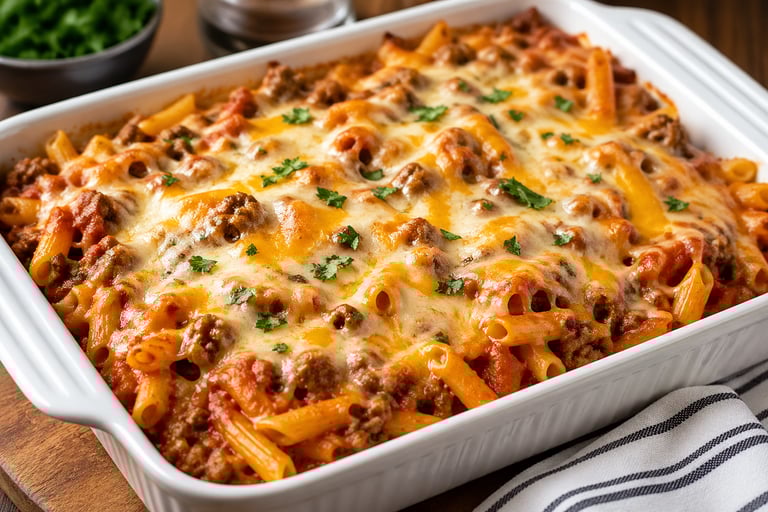 Hamburger pasta bake with melted mozzarella cheese, hearty meat sauce, and fresh parsley garnish.