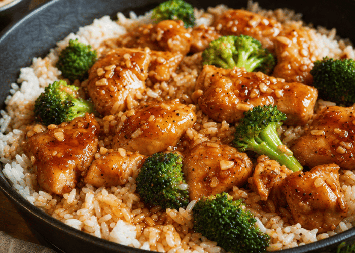 Savory honey garlic chicken and broccoli stir-fry served over a bed of white rice in a skillet.