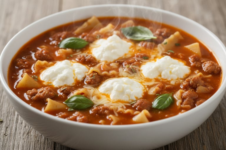 a bowl of lasagna soup with cheese