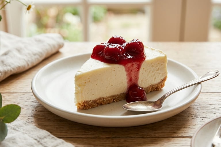 A slice of creamy no-bake cheesecake topped with red cherry sauce on a white ceramic plate.