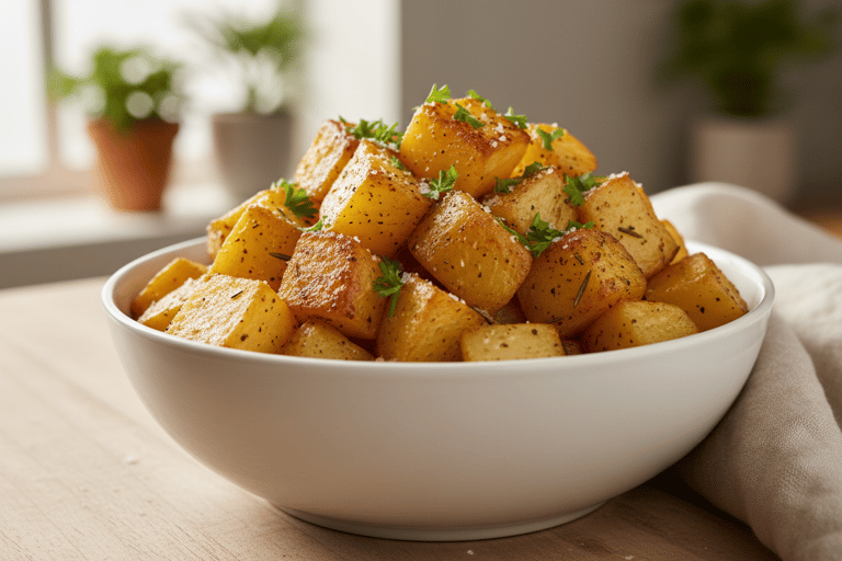 Crispy golden roasted potatoes seasoned with fresh herbs in a white ceramic bowl on a wooden table.