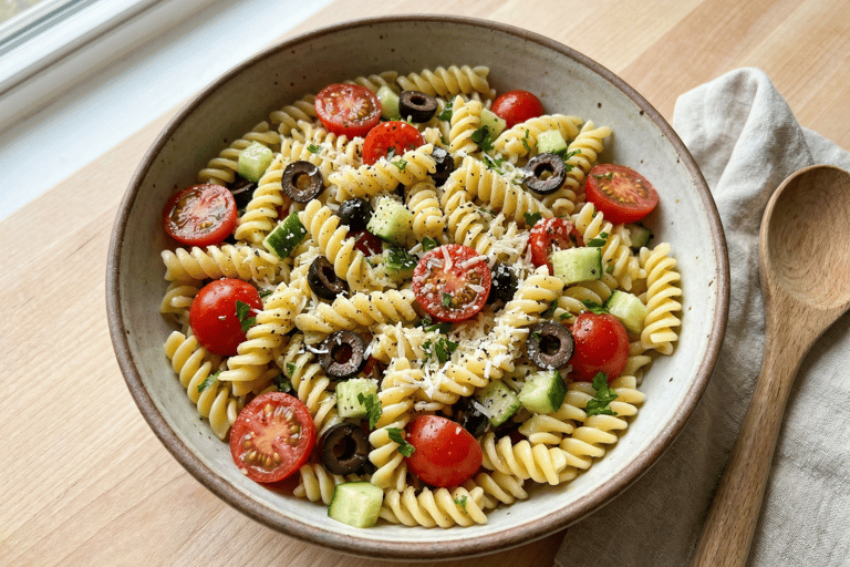 Fresh pasta salad with rotini, cherry tomatoes, cucumbers, and black olives in a ceramic bowl.