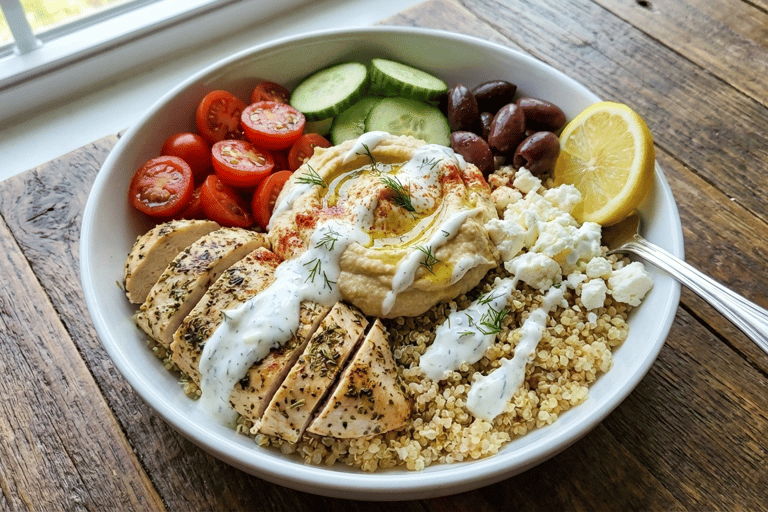 a bowl of greek chicken & hummas