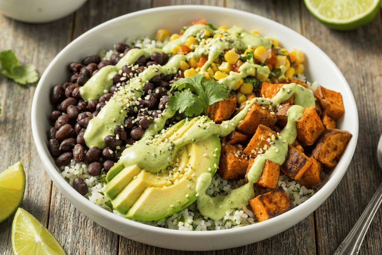 a tex-mex bowl with black beans and rice