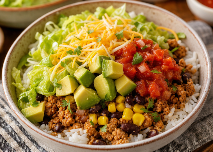 A healthy taco bowl with seasoned ground meat, white rice, avocado chunks, salsa, and shredded cheese.