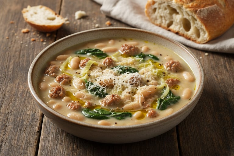 a bowl of white bean sausage soup with a bread