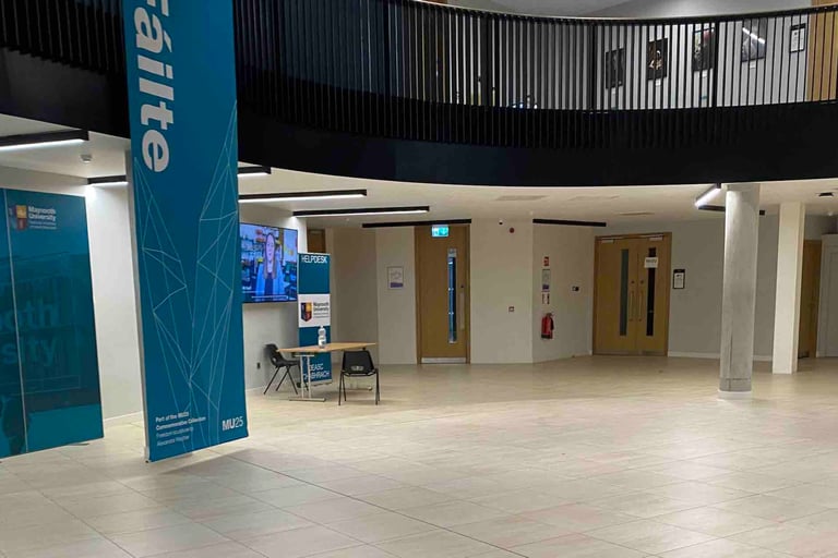 Entrance foyer - a wide level space with columns supporting a galleried upper floor
