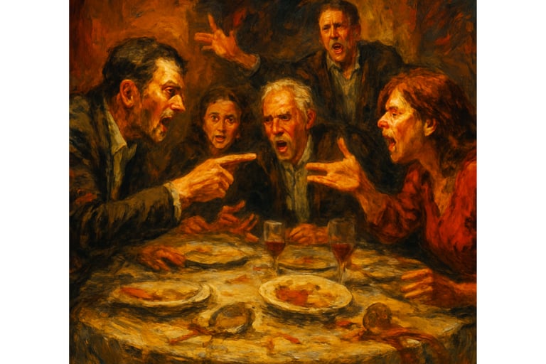 Portrait of a multi generational family, haveing a dinner table argument.