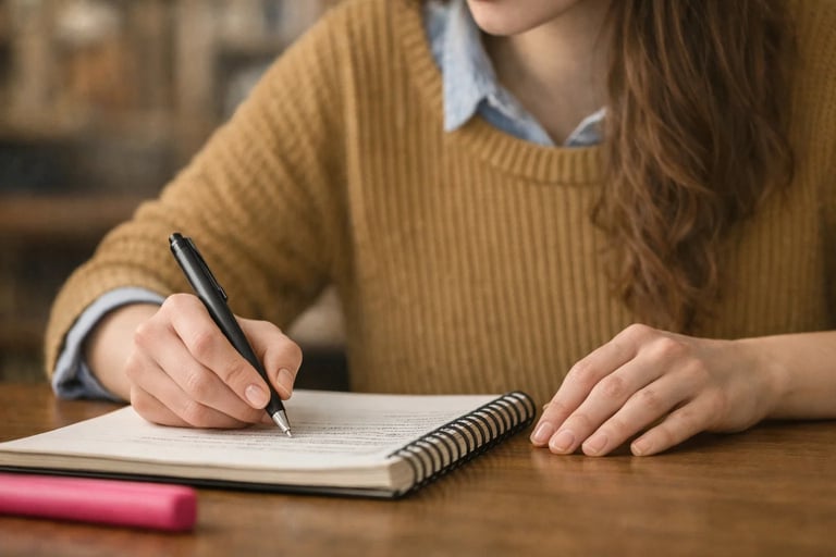A student in a yellow sweater taking notes in a spiral notebook with a black pen.