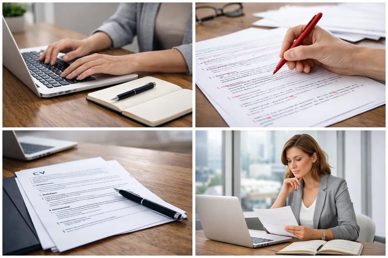 Professional editor reviewing a resume and typing on a laptop for resume writing services.