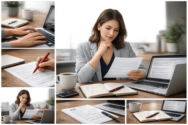 Professional woman reviewing a resume and curriculum vitae while working at a laptop in an office.