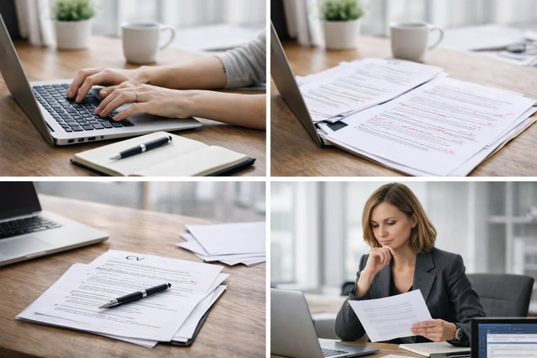 Professional editor reviewing a printed CV and typing on a laptop at a bright wooden desk.