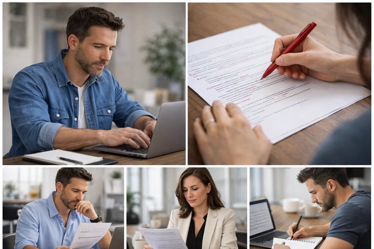 Professional editors proofreading business documents on laptops and paper for high-quality content.